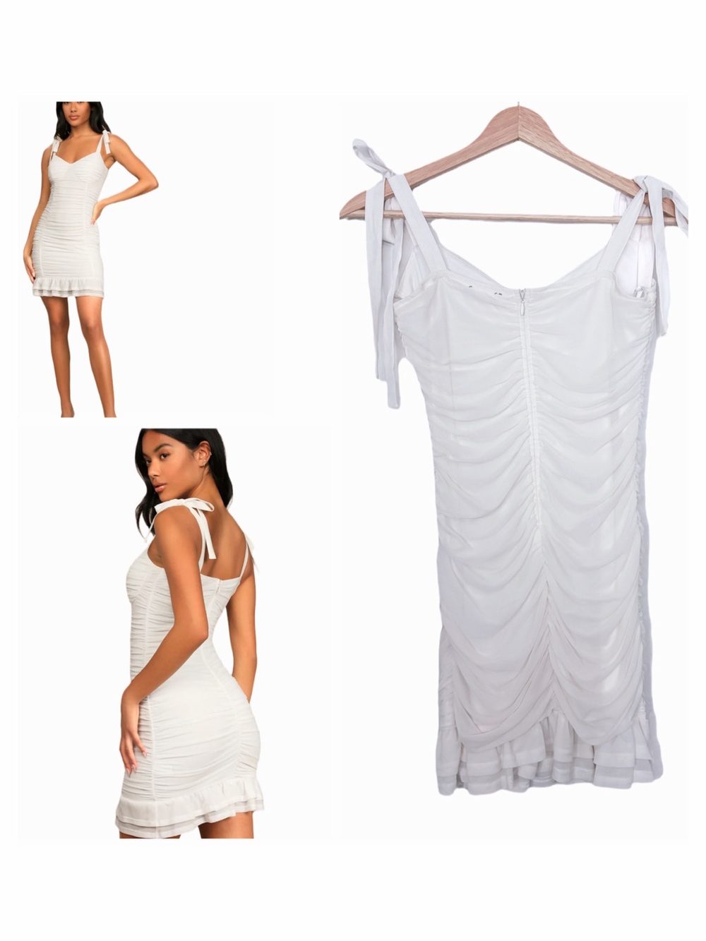 Lulus Darling Deets White Ruched Mesh Tie-Strap Bodycon Mini Dress Size Large
